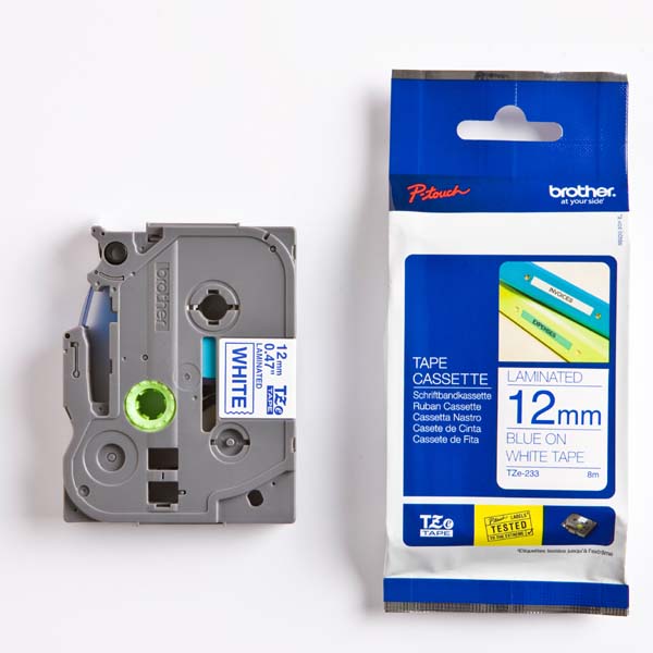 Brother oryginalny taśma do drukarek etykiet Brother TZE 233 niebieski druk biały podkład laminowane 8m 12mm