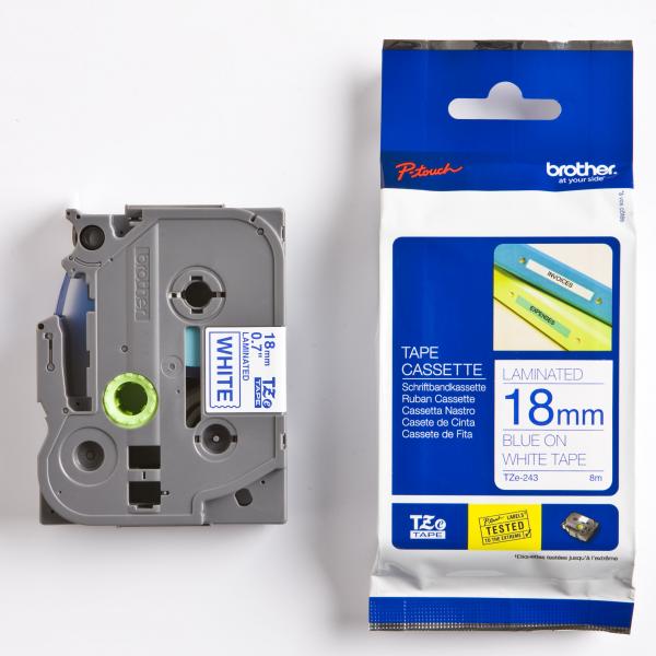 Brother oryginalny taśma do drukarek etykiet Brother TZE 243 niebieski druk biały podkład laminowane 8m 18mm
