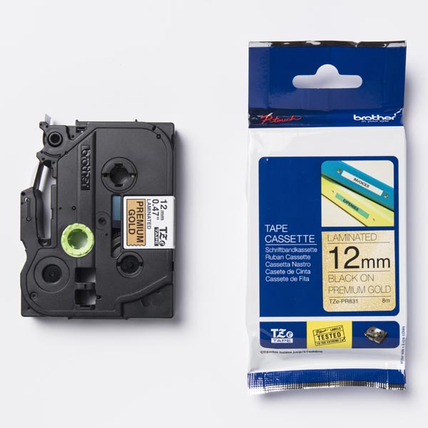 Brother oryginalny taśma do drukarek etykiet Brother TZE PR831 czarny druk złoty podkład laminowane 8m 12mm