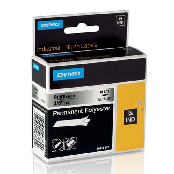 Dymo oryginalny taśma do drukarek etykiet Dymo 18485 S0718170 czarny druk metaliczny podkład 5.5m 9mm RHINO poliestrowa trw