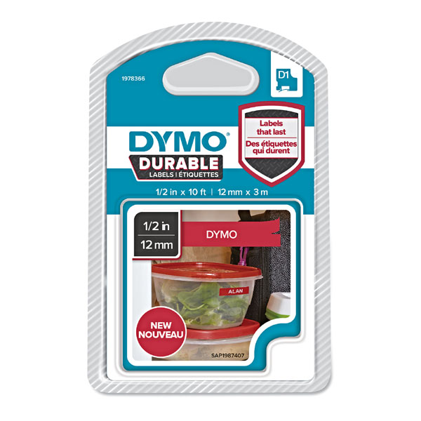 Dymo oryginalny taśma do drukarek etykiet Dymo 1978366 w kolorze białym druk czerwony podkład 3m 12mm D1 trwałe winylowe - obrazek 2