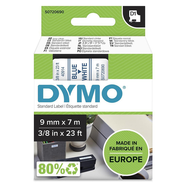 Dymo oryginalny taśma do drukarek etykiet Dymo 40914 S0720690 niebieski druk biały podkład 7m 9mm D1