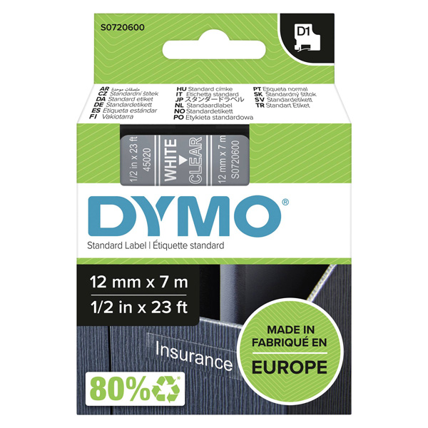 Dymo oryginalny taśma do drukarek etykiet Dymo 45020 S0720600 biały druk przezroczysta podkład 7m 12mm D1