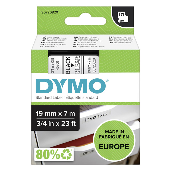 Dymo oryginalny taśma do drukarek etykiet Dymo 45800 S0720820 czarny druk przezroczysty podkład 7m 19mm D1