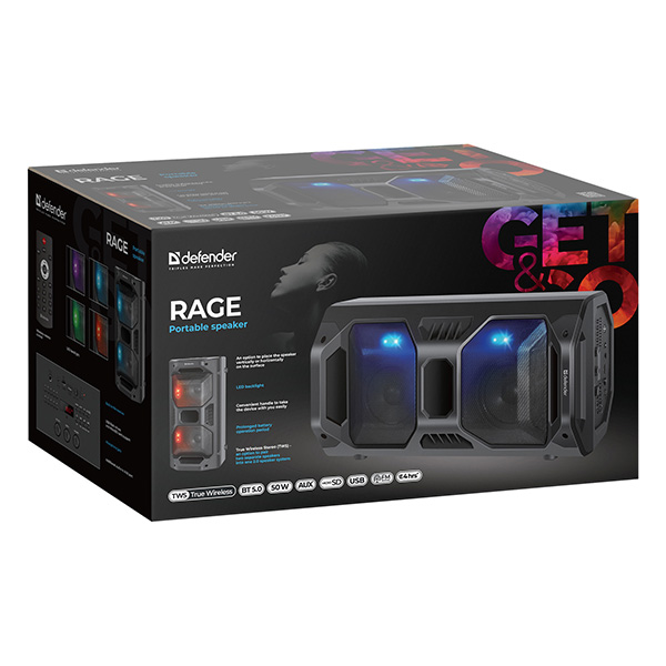 Defender głośnik Rage Li Ion 2.0 50W czarny regulacja głośności LED BT 5.0 TWS pilot w zestawie 45Hz22kHz - obrazek 9