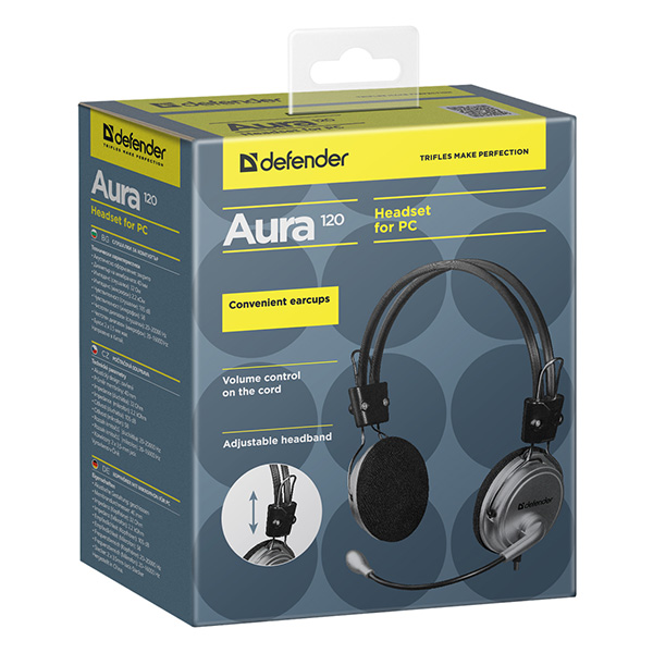 Defender Aura 120 słuchawki z mikrofonem regulacja głośności czarno szara 2.0 2x 3.5 mm jack - obrazek 3