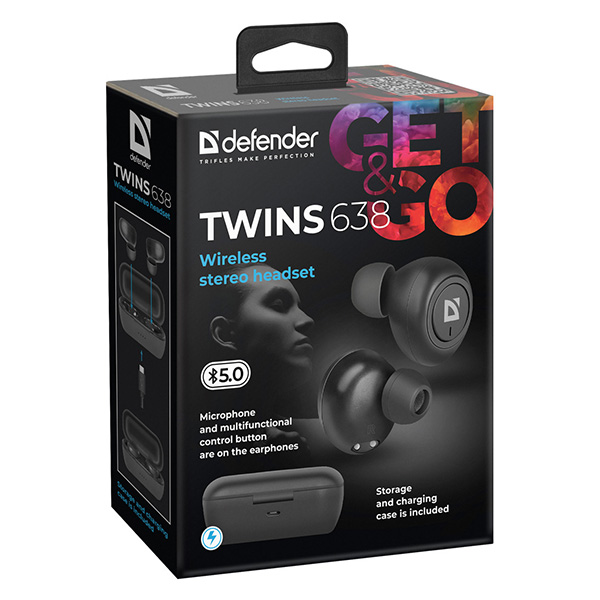 Defender Twins 638 słuchawki z mikrofonem bez regulacji głośności na przewodzie czarna douszne BT 5.0 TWS etui z ładowarką - obrazek 8
