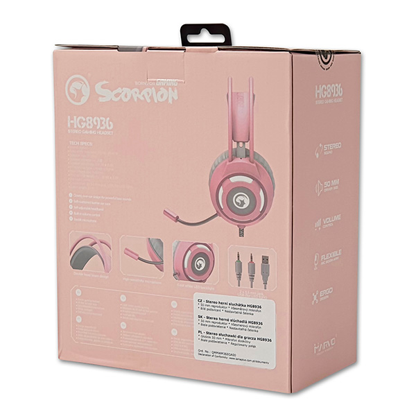 Marvo HG8936 słuchawki z mikrofonem regulacja głośności rożowa podświetlona 3.5 mm jack + USB - obrazek 8