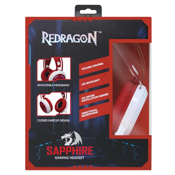 Redragon SAPPHIRE Gaming Headset słuchawki z mikrofonem z regulacją głośności biało czerwony 2x 3.5 mm jack + USB - obrazek 3