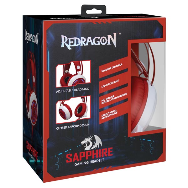 Redragon SAPPHIRE Gaming Headset słuchawki z mikrofonem z regulacją głośności biało czerwony 2x 3.5 mm jack + USB - obrazek 4