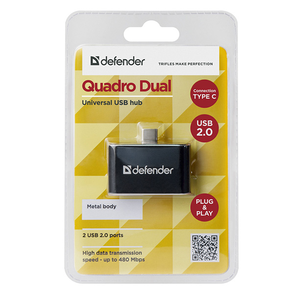 USB 2.0 hub 2 port Quadro Dual czarno szara Defender USB C M na 2x USB A F - obrazek 3