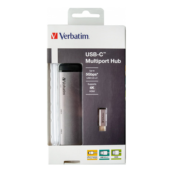USB 3.1 hub 4 port 49140 szara długość przewodu 15cm Verbatim adapter USB C na 1x USB C 1x USB A3.0 1x HDMI