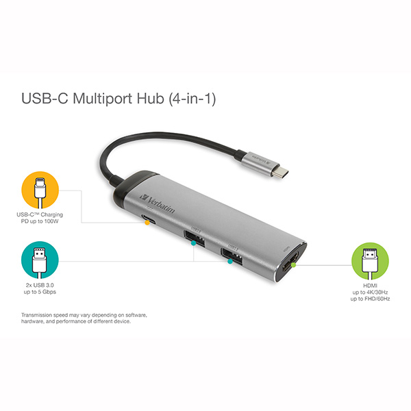 USB 3.1 hub 4 port 49140 szara długość przewodu 15cm Verbatim adapter USB C na 1x USB C 1x USB A3.0 1x HDMI - obrazek 8