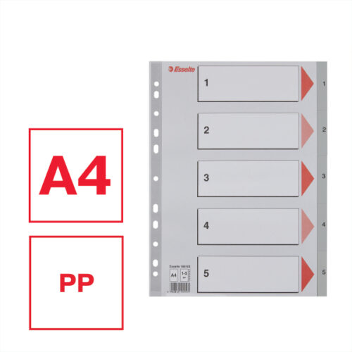 100103_01-2.jpg Przekładki plastikowe szare PP numeryczne A4 Esselte, 1-5