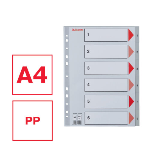 100104_01-2.jpg Przekładki plastikowe szare PP numeryczne A4 Esselte, 1-6
