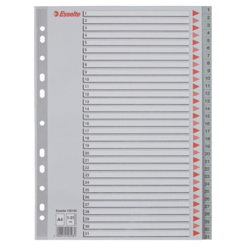 100108-2.jpg Przekładki plastikowe szare PP numeryczne A4 Esselte, 1-31