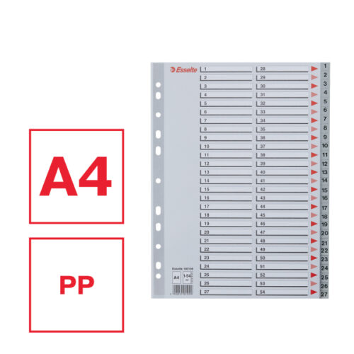 100109_01-2.jpg Przekładki plastikowe szare PP numeryczne A4 Esselte, 1-54