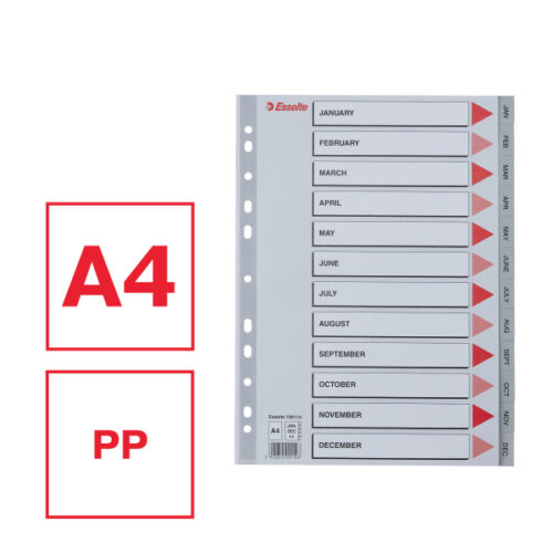 100114_01-2.jpg Przekładki plastikowe szare PP numeryczne A4 Esselte, 12 miesięcy