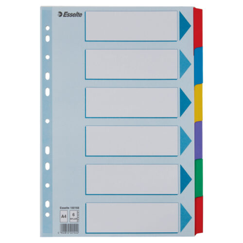 Przekładki, kolorowy karton, karta opisowa Mylar A4, Esselte, 6 kart