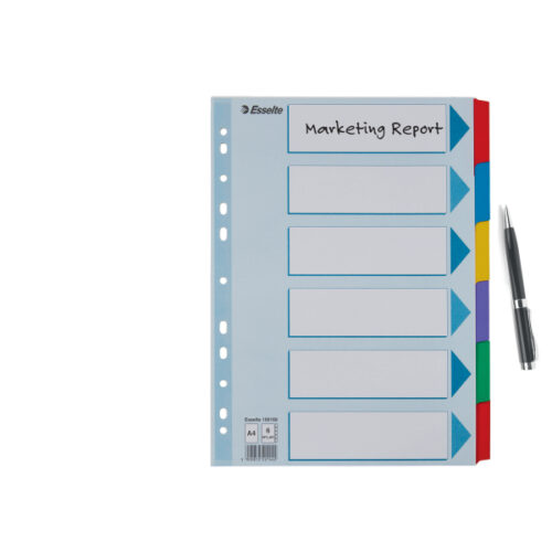 100168_03-2.jpg Przekładki, kolorowy karton, karta opisowa Mylar A4, Esselte, 6 kart