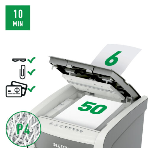 80350000_02.jpg Niszczarka Leitz IQ AutoFeed 50, P4, 50 kartek, 20 l kosz