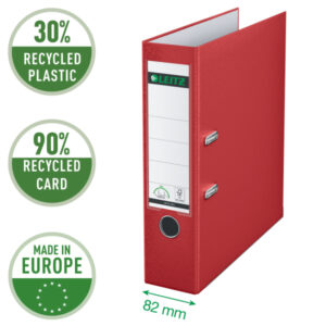 Segregator Leitz A4 z mech. 180°, szer. 80 mm, 30% PP z recyklingu, czerwony